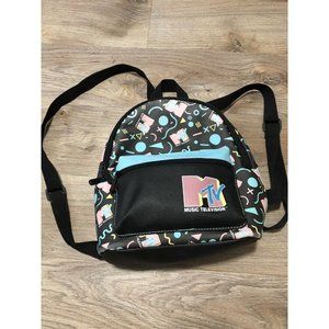 MTV Music Television Mini Backpack w/Zip Pocket Black Multi 10.5" Faux Leather